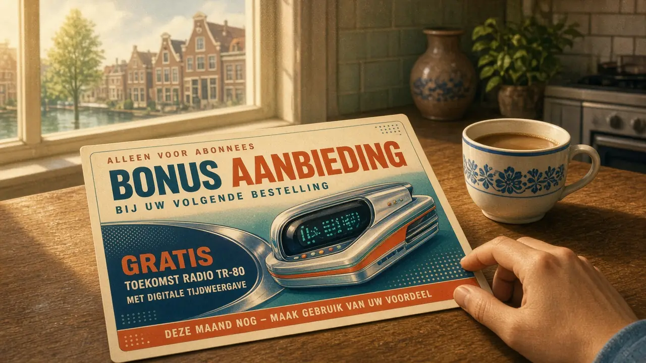 Een bonusflyer op een keukentafel naast een koffiekop