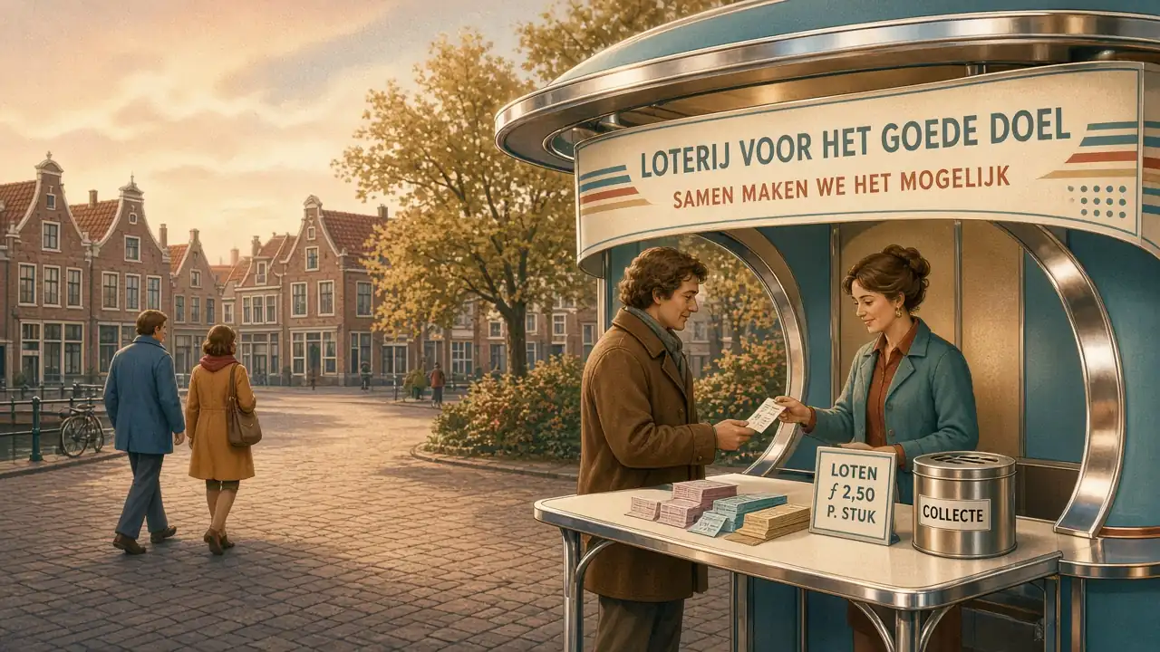 Een loterijkraam op een plein in een Nederlands dorp